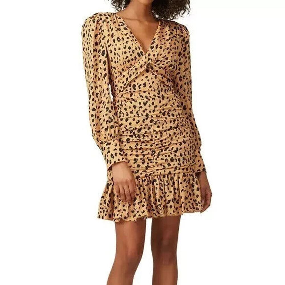 Nicholas $590 Women's Leopard‎ Gathered Mini Frill Dress in Silk Size 8 Ruched